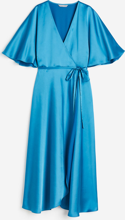 Niebieska sukienka H & M midi z satyny kopertowa
