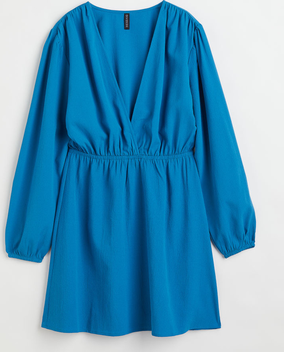 Niebieska sukienka H & M mini z długim rękawem z dekoltem w kształcie litery v
