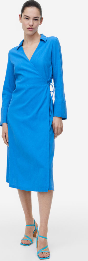 Niebieska sukienka H & M szmizjerka z dekoltem w kształcie litery v z długim rękawem