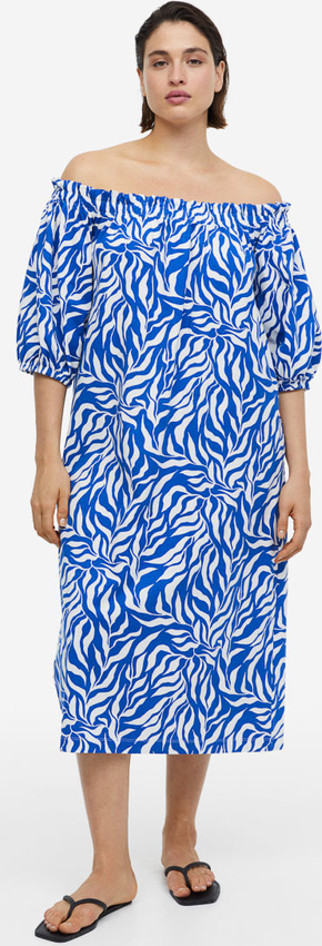 Niebieska sukienka H & M z odkrytymi ramionami w stylu casual z długim rękawem