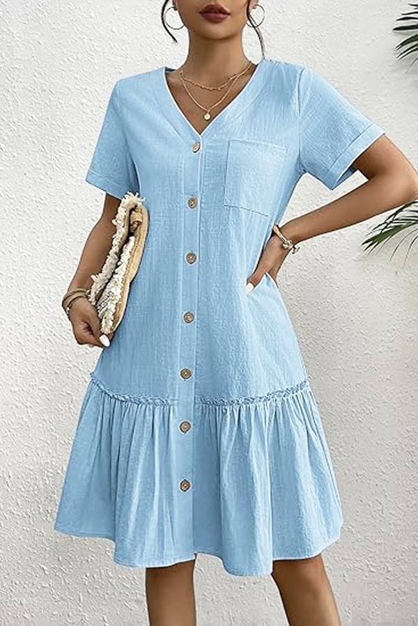 Niebieska sukienka IVET mini z dekoltem w kształcie litery v w stylu casual