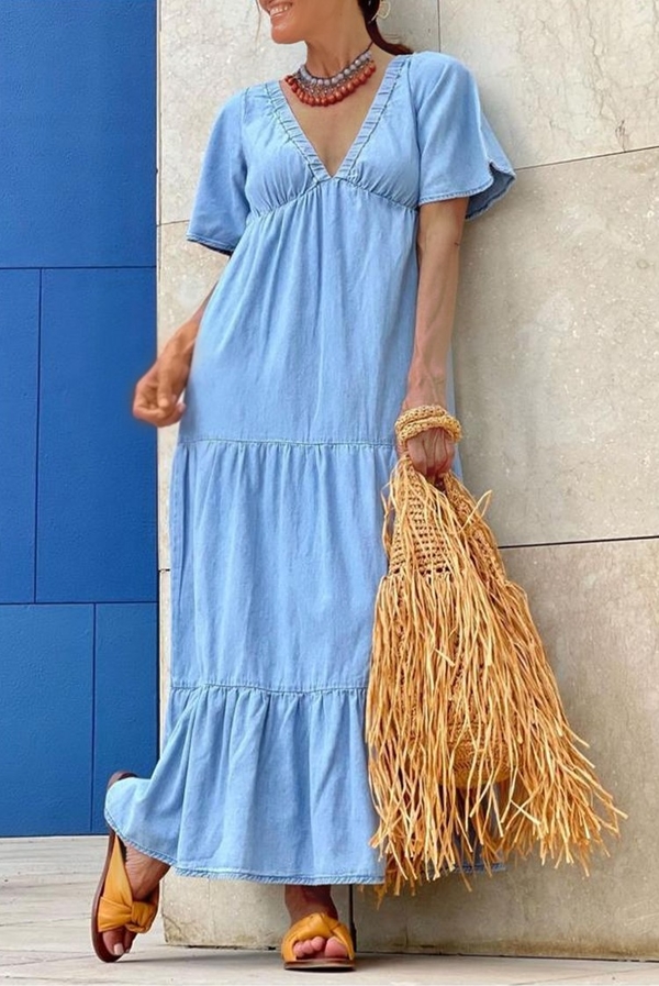 Niebieska sukienka IVET w stylu boho z krótkim rękawem z dekoltem w kształcie litery v
