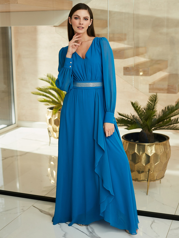 Niebieska sukienka L’AF z dekoltem w kształcie litery v z długim rękawem