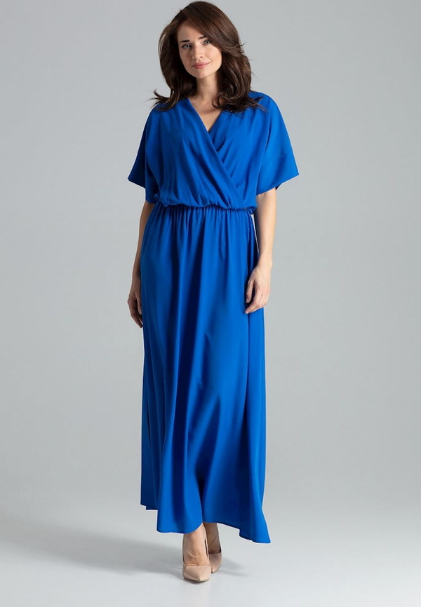 Niebieska sukienka LENITIF z krótkim rękawem z dekoltem w kształcie litery v