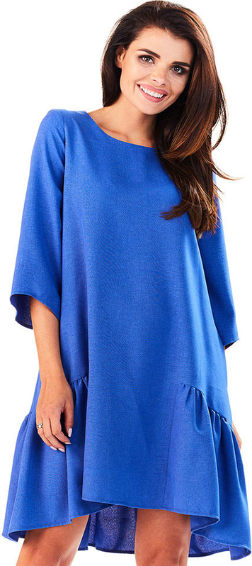 Niebieska sukienka Lou-Lou z okrągłym dekoltem z lnu z długim rękawem