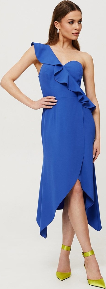 Niebieska sukienka Makover z dekoltem w kształcie litery v asymetryczna bez rękawów