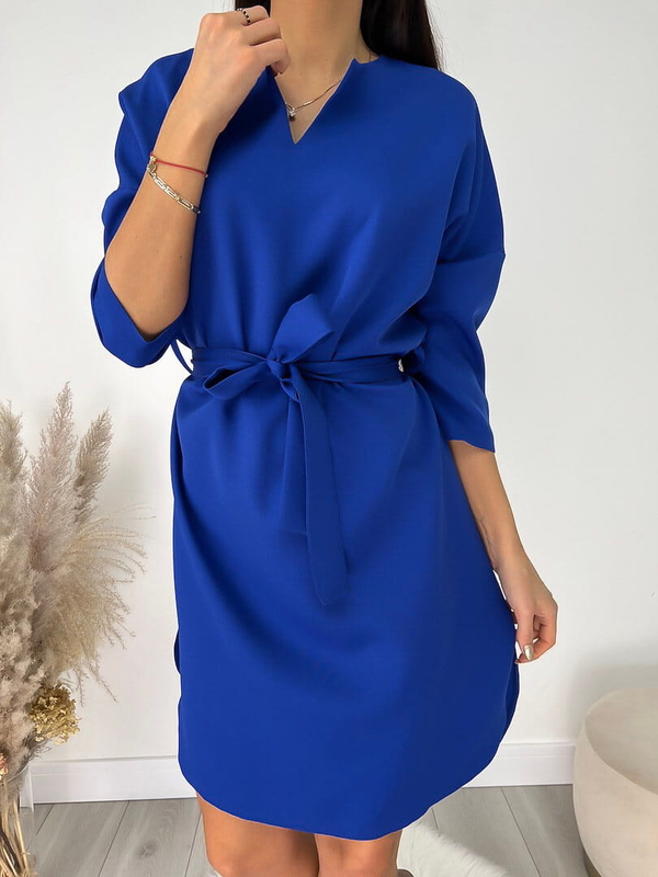 Niebieska sukienka ModnaKiecka.pl mini z długim rękawem z dekoltem w kształcie litery v