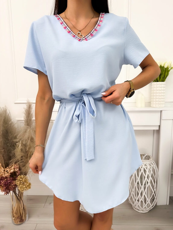Niebieska sukienka ModnaKiecka.pl mini z krótkim rękawem w stylu klasycznym