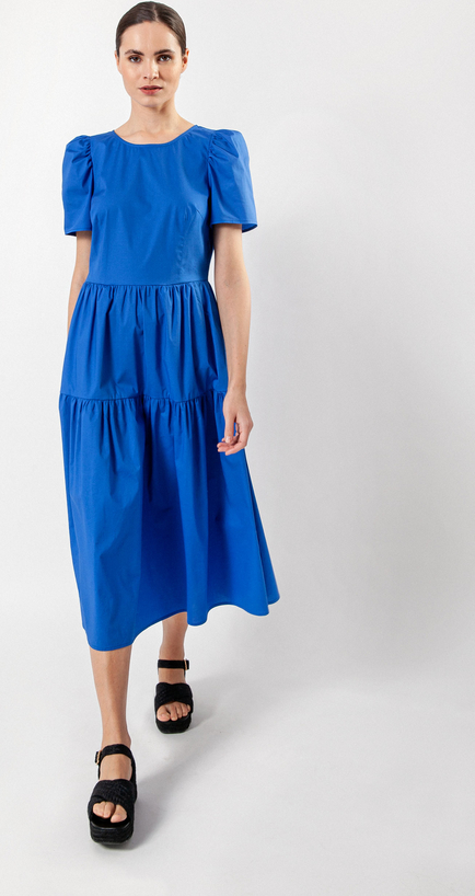 Niebieska sukienka Molton z krótkim rękawem midi z okrągłym dekoltem