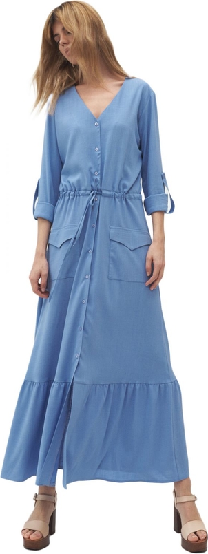 Niebieska sukienka Nife z długim rękawem maxi z dekoltem w kształcie litery v