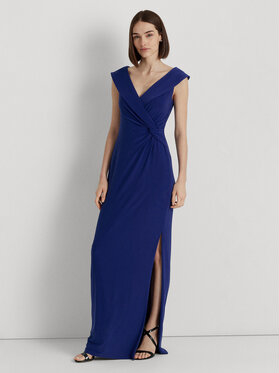 Niebieska sukienka Ralph Lauren maxi z krótkim rękawem z dekoltem w kształcie litery v