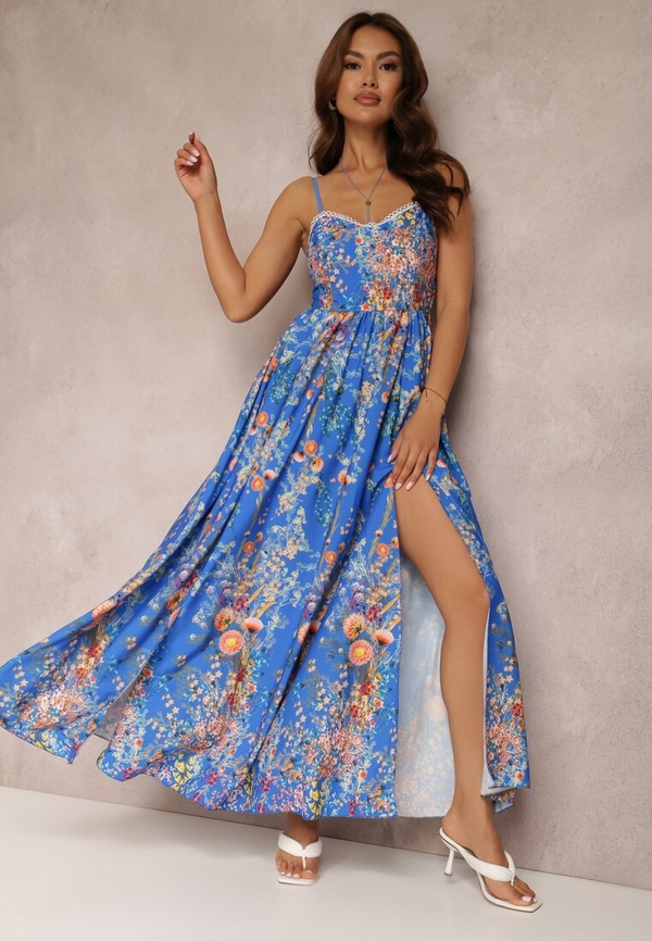 Niebieska sukienka Renee w stylu boho maxi z dekoltem w kształcie litery v