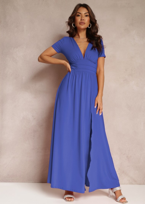 Niebieska sukienka Renee z krótkim rękawem rozkloszowana maxi