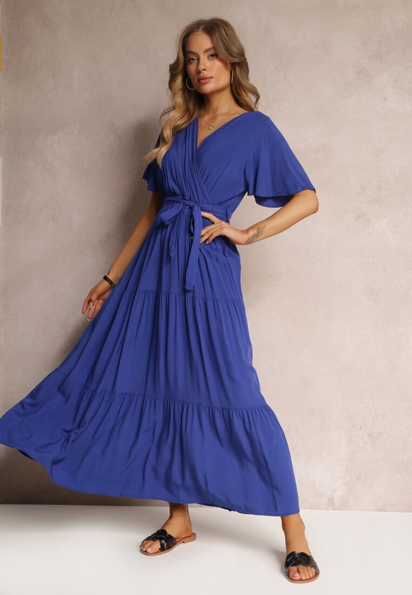 Niebieska sukienka Renee z krótkim rękawem z dekoltem w kształcie litery v