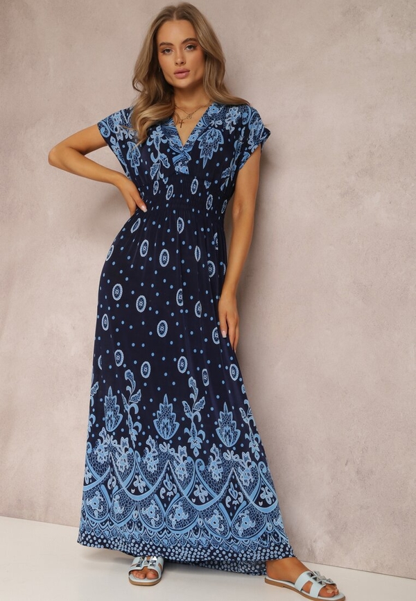 Niebieska sukienka Renee z krótkim rękawem z dekoltem w kształcie litery v maxi