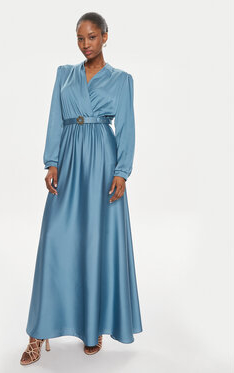 Niebieska sukienka Rinascimento z dekoltem w kształcie litery v maxi z długim rękawem
