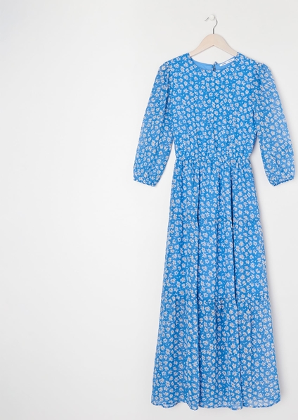 Niebieska sukienka Sinsay z okrągłym dekoltem w stylu casual z długim rękawem