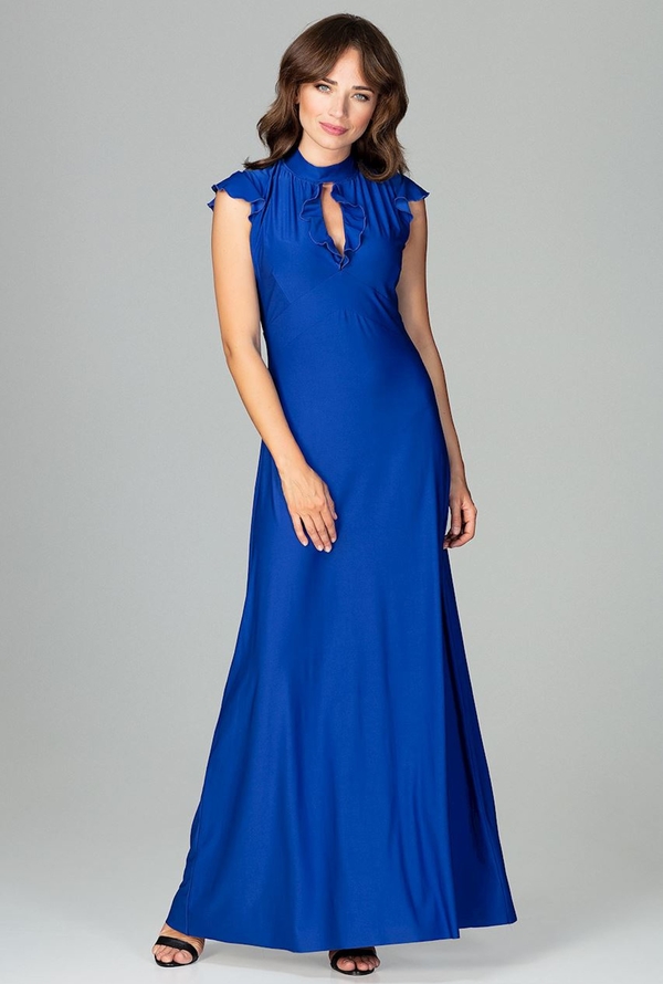 Niebieska sukienka sukienki.pl z dekoltem typu choker rozkloszowana