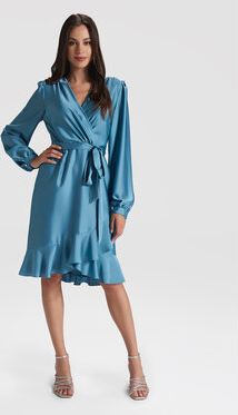 Niebieska sukienka Swing midi z długim rękawem kopertowa