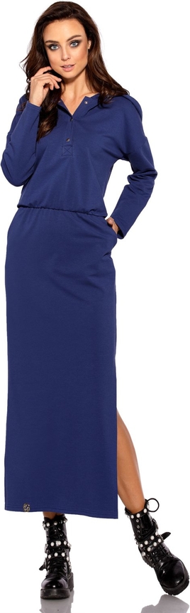 Niebieska sukienka TAGLESS z dresówki z dekoltem w kształcie litery v z długim rękawem