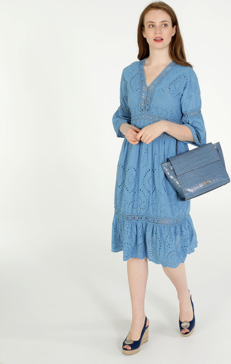 Niebieska sukienka Unisono z dekoltem w kształcie litery v z bawełny z długim rękawem
