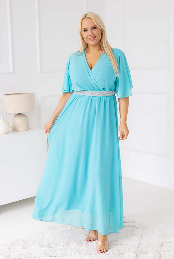Niebieska sukienka Włoski z krótkim rękawem kopertowa