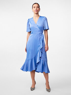Niebieska sukienka YAS z krótkim rękawem z dekoltem w kształcie litery v midi