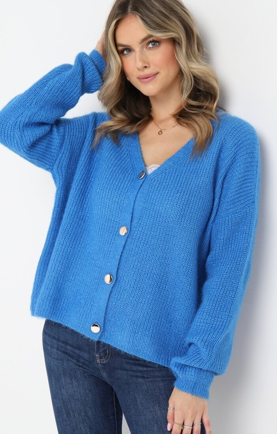 Niebieski sweter born2be z dzianiny w stylu casual