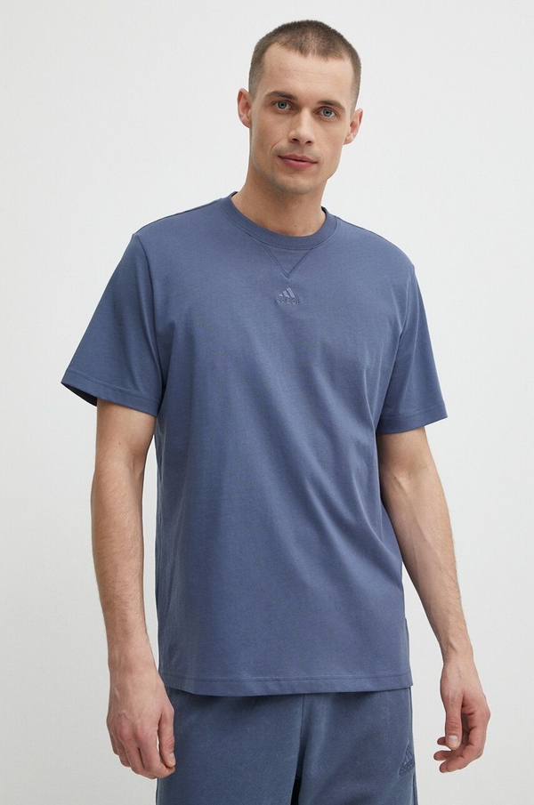 Niebieski t-shirt Adidas w sportowym stylu z bawełny z krótkim rękawem