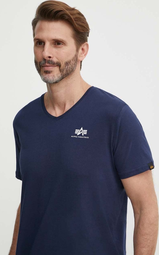 Niebieski t-shirt Alpha Industries z krótkim rękawem z bawełny w stylu casual