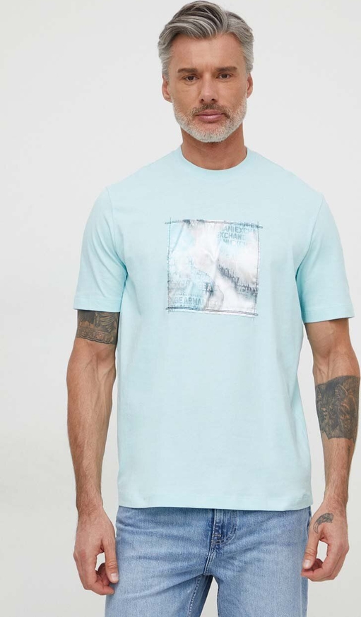 Niebieski t-shirt Armani Exchange z bawełny z nadrukiem z krótkim rękawem