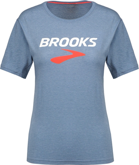 Niebieski t-shirt Brooks w młodzieżowym stylu z krótkim rękawem z tkaniny