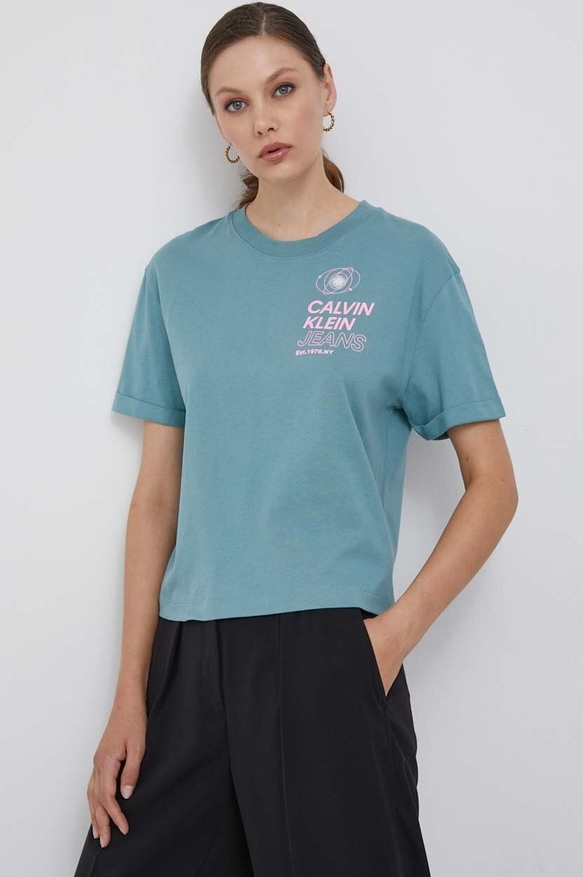 Niebieski t-shirt Calvin Klein z bawełny z okrągłym dekoltem w stylu casual
