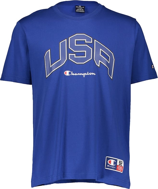 Niebieski t-shirt Champion z bawełny z krótkim rękawem w sportowym stylu