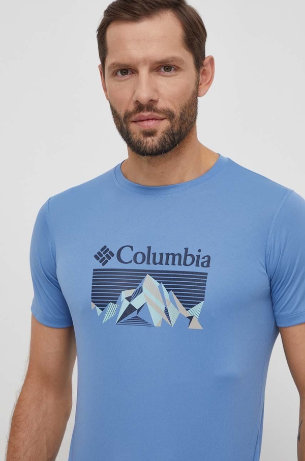 Niebieski t-shirt Columbia w młodzieżowym stylu z krótkim rękawem z nadrukiem