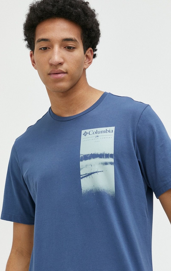 Niebieski t-shirt Columbia z bawełny z krótkim rękawem w sportowym stylu