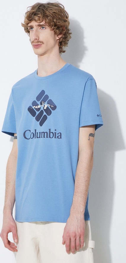 Niebieski t-shirt Columbia z nadrukiem w młodzieżowym stylu