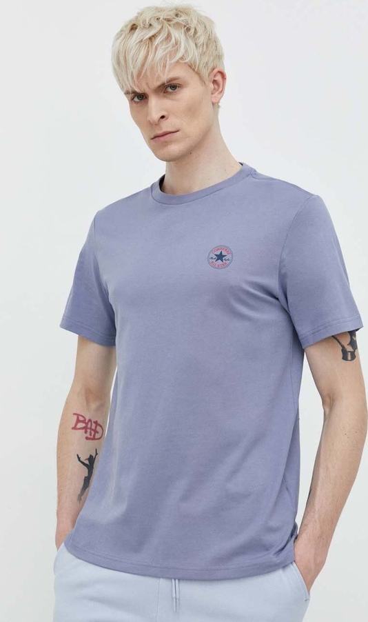 Niebieski t-shirt Converse z krótkim rękawem z nadrukiem w stylu casual