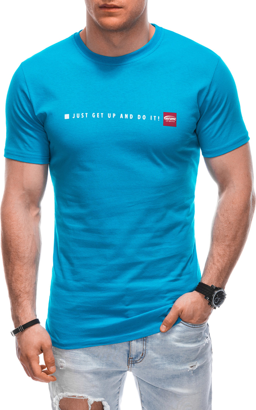 Niebieski t-shirt Edoti z bawełny z krótkim rękawem w młodzieżowym stylu