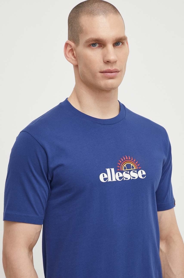 Niebieski t-shirt Ellesse z krótkim rękawem z bawełny z nadrukiem