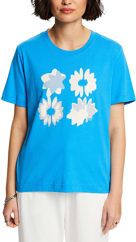 Niebieski t-shirt Esprit w młodzieżowym stylu z okrągłym dekoltem z nadrukiem