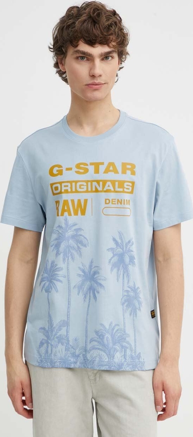 Niebieski t-shirt G-Star Raw z nadrukiem z bawełny z krótkim rękawem