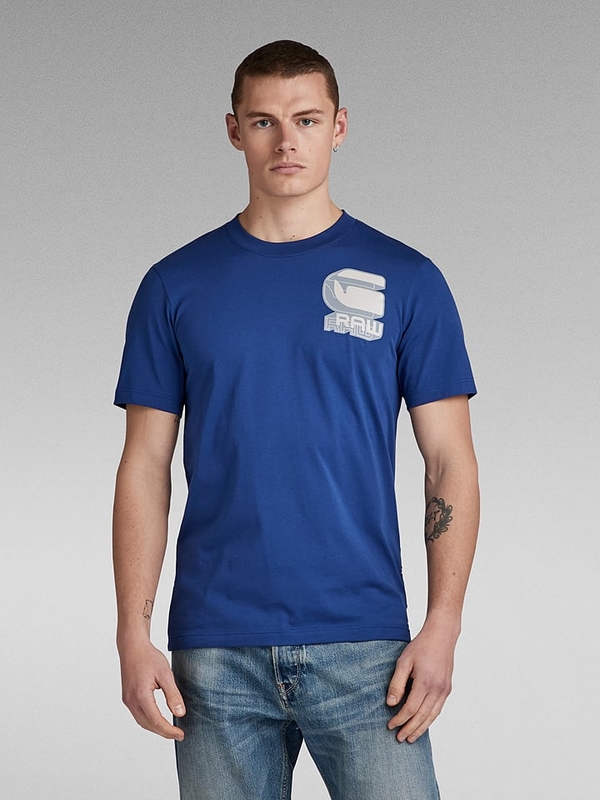 Niebieski t-shirt G-star z nadrukiem z krótkim rękawem