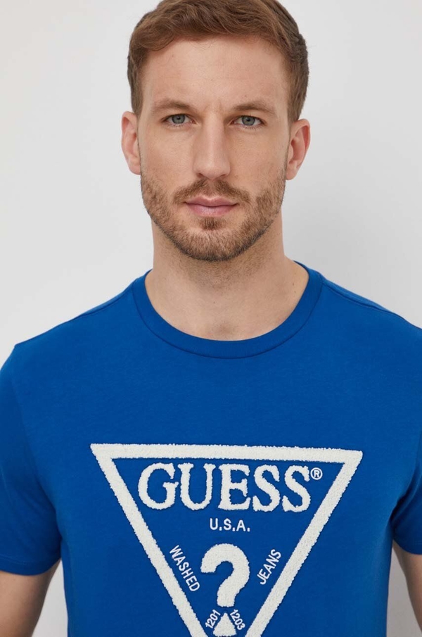 Niebieski t-shirt Guess z bawełny z krótkim rękawem