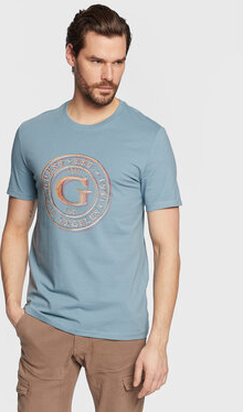 Niebieski t-shirt Guess z krótkim rękawem z nadrukiem