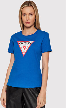 Niebieski t-shirt Guess z krótkim rękawem z okrągłym dekoltem
