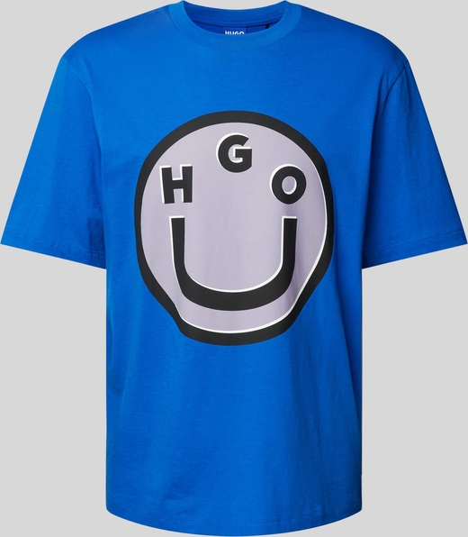 Niebieski t-shirt Hugo Blue z nadrukiem z krótkim rękawem w młodzieżowym stylu