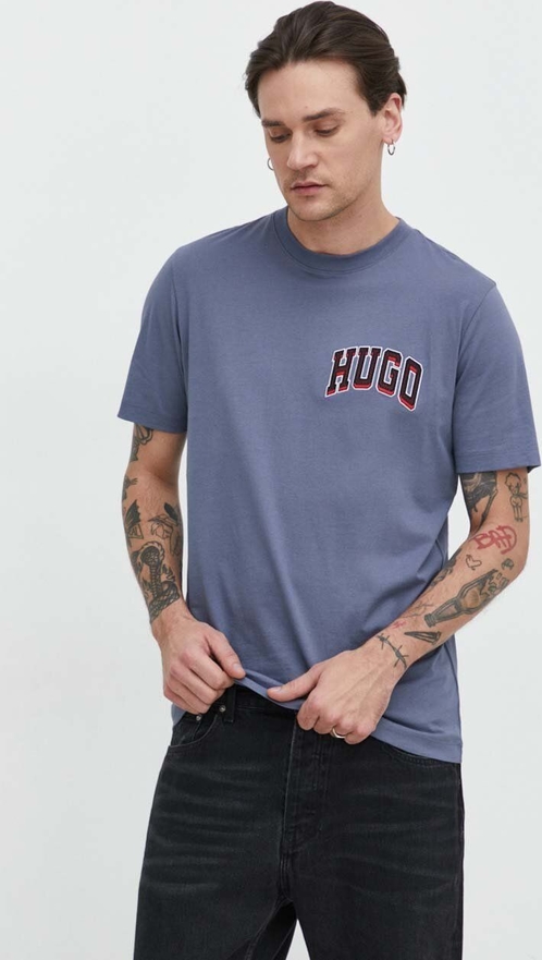 Niebieski t-shirt Hugo Boss z krótkim rękawem z bawełny w młodzieżowym stylu
