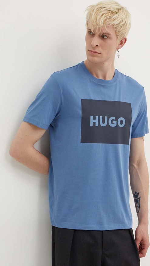 Niebieski t-shirt Hugo Boss z krótkim rękawem z nadrukiem
