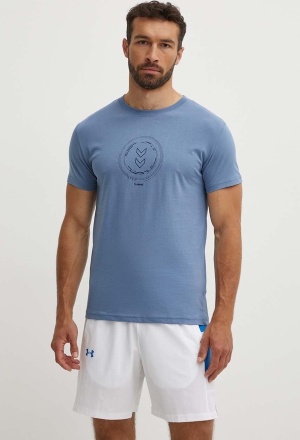 Niebieski t-shirt Hummel w młodzieżowym stylu z nadrukiem z bawełny